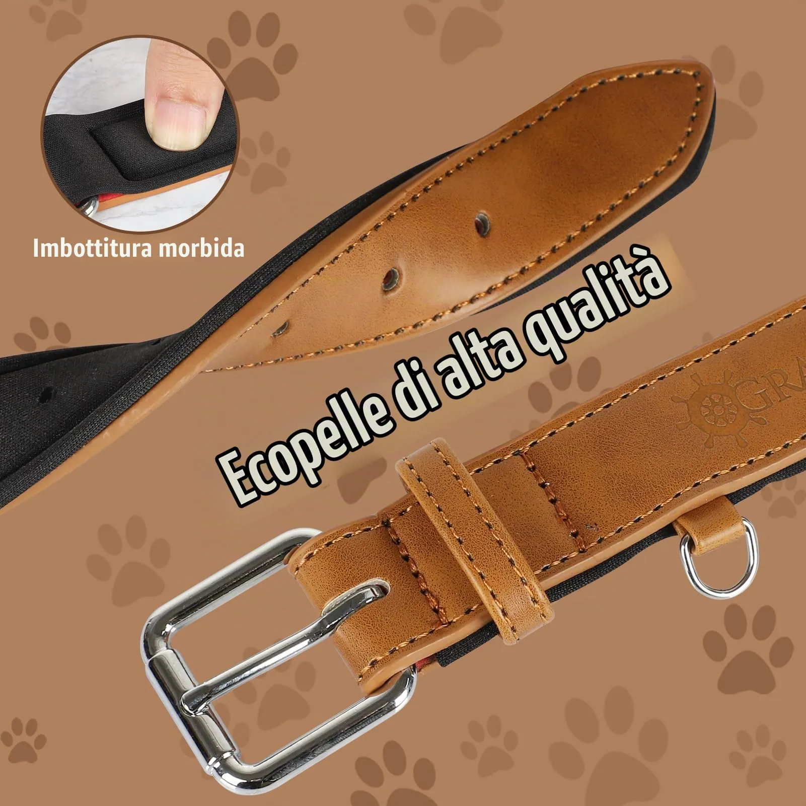Grand Line Collare per Cani in Pelle Regolabile con Imbottitura Morbida e Perforatore, Marrone (S) - immagine 4