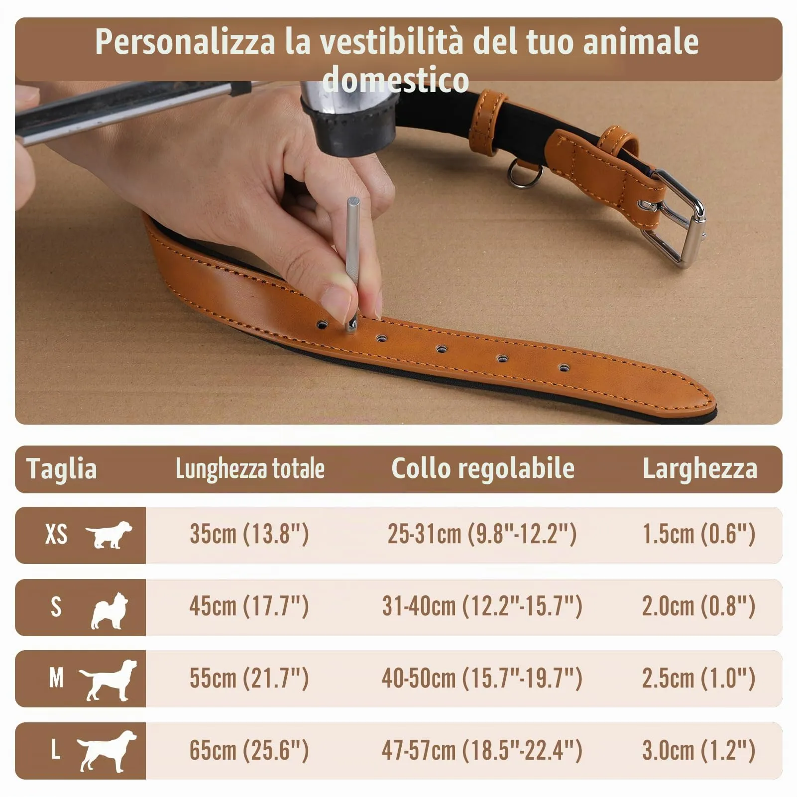 Grand Line Collare per Cane in Pelle Imbottito, Marrone, M - immagine 5