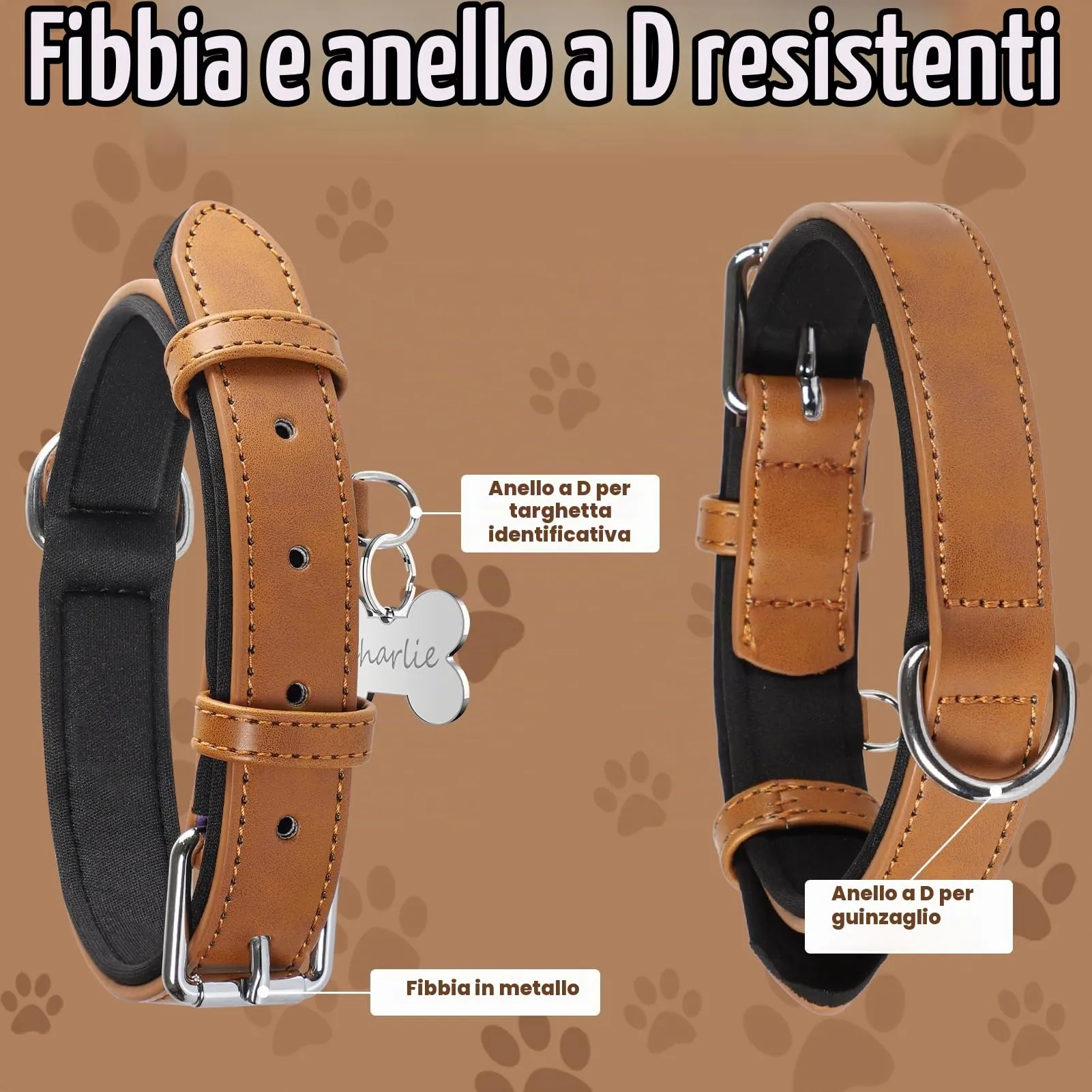 Grand Line Collare per Cane in Pelle con Imbottitura Morbida, Marrone, XS - immagine 3