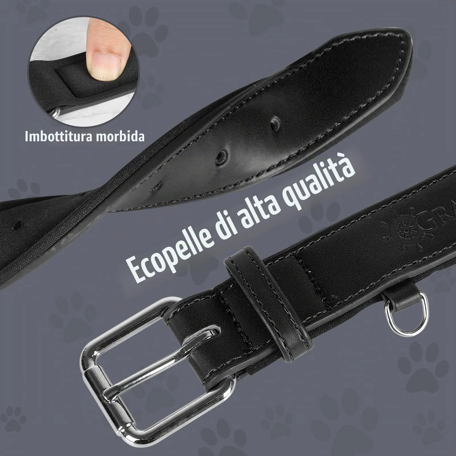 Grand Line Collare per Cane in Pelle Imbottito, Nero, M - immagine 4