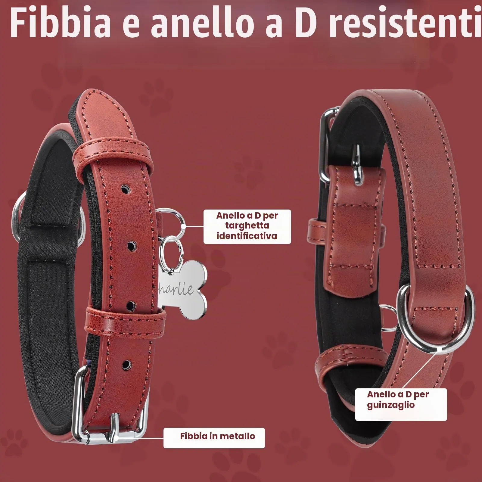 Grand Line Collare per Cane in Pelle Imbottito Regolabile, Rosso, L - immagine 3