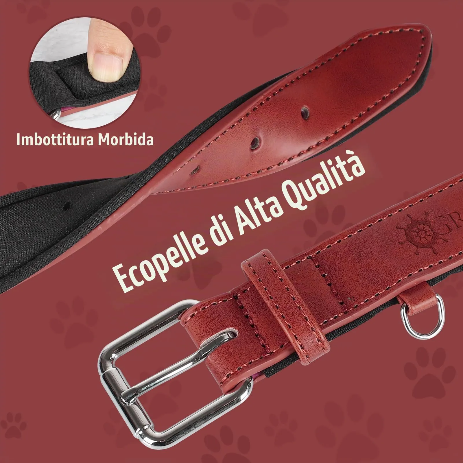 Grand Line Collare per Cane in Pelle Imbottito Regolabile, Rosso, L - immagine 4