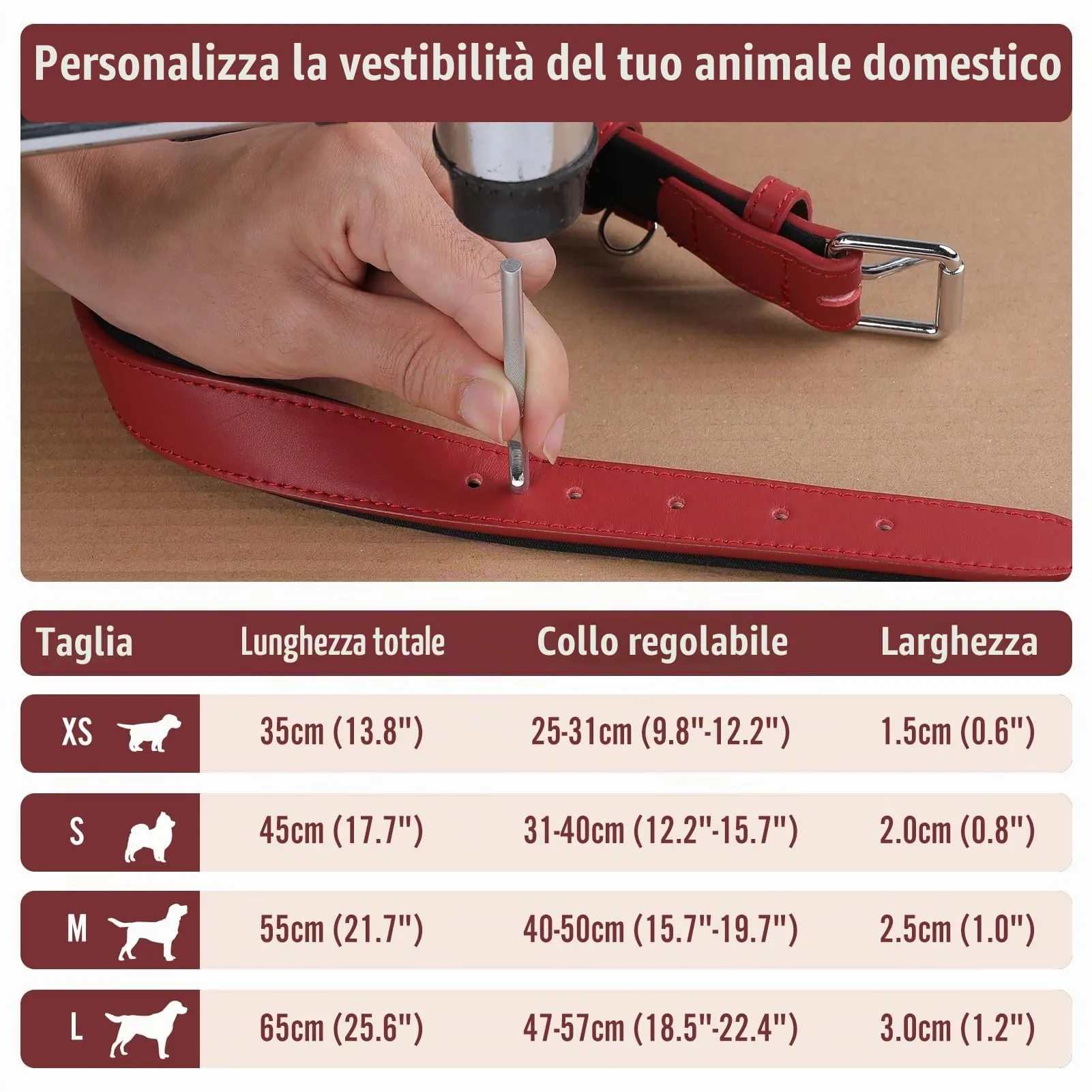 Grand Line Collare per Cane in Pelle Imbottito, Regolabile (Rosso, S) - immagine 5