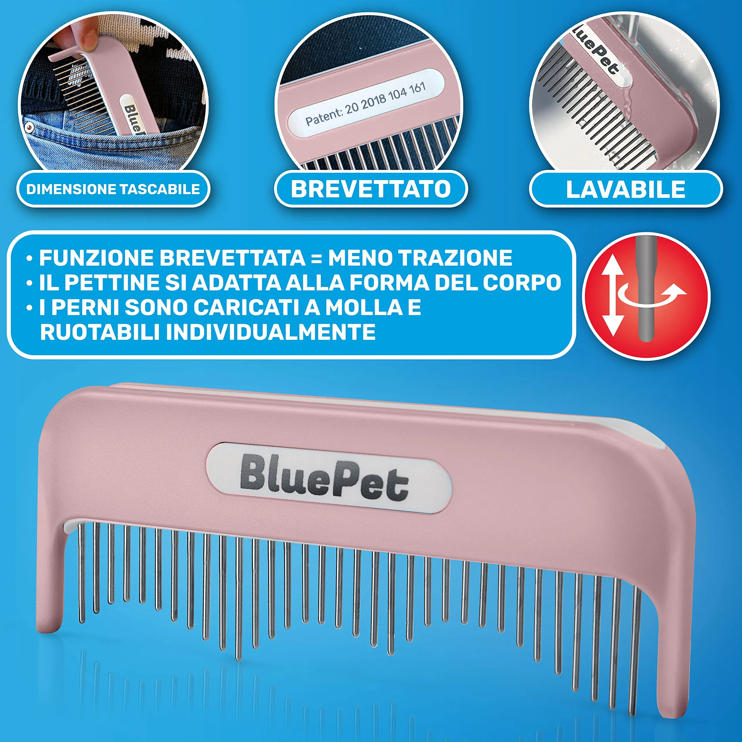 BluePet Pettine per Cani e Gatti a Pelo Lungo con Denti Rotanti - immagine 5