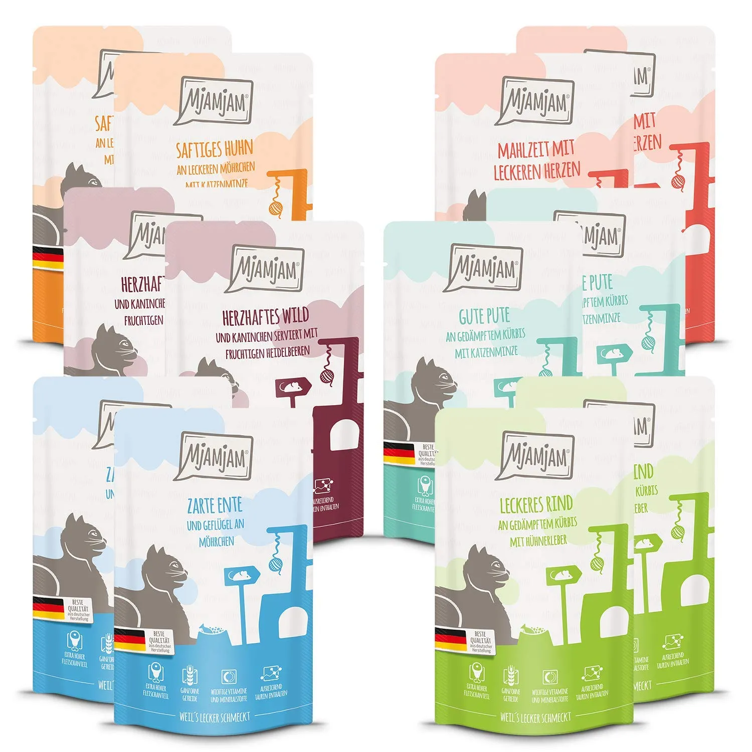 MjAMjAM Cibo Umido Premium per Gatti Quetschie Mixpaket III, 12 x 125 g, Senza Cereali - immagine 1