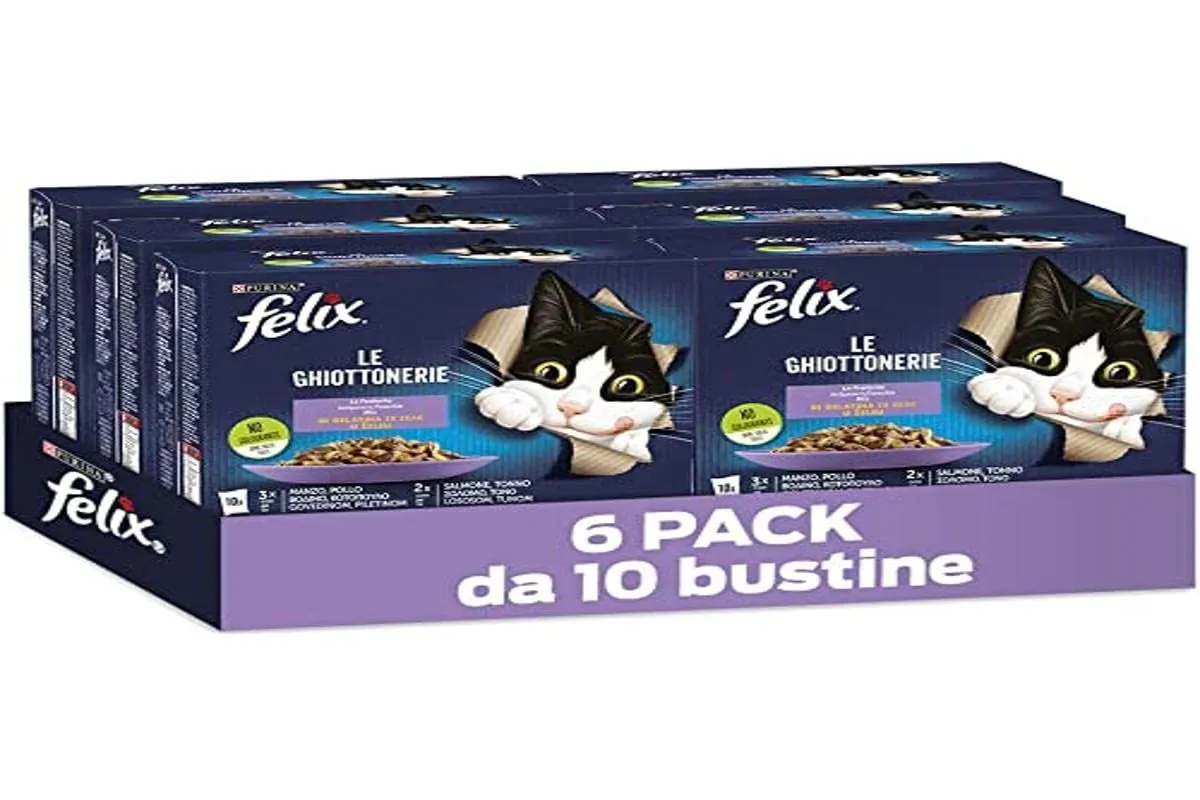 Felix Le Ghiottonerie Cibo Umido per Gatti Adulti Manzo, Pollo, Salmone e Tonno, 60 Bustine da 85 g - immagine 1