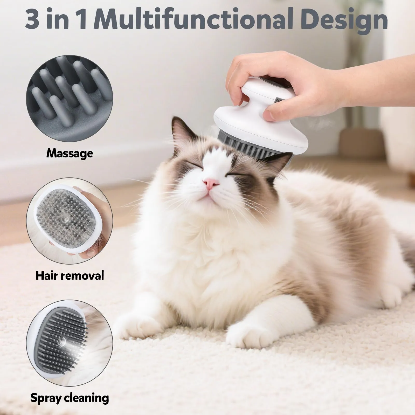 Euqvunn Spazzola a Vapore 3 in 1 per Gatti, Cani e Conigli, Silicone Ricaricabile (Grigio) - immagine 2