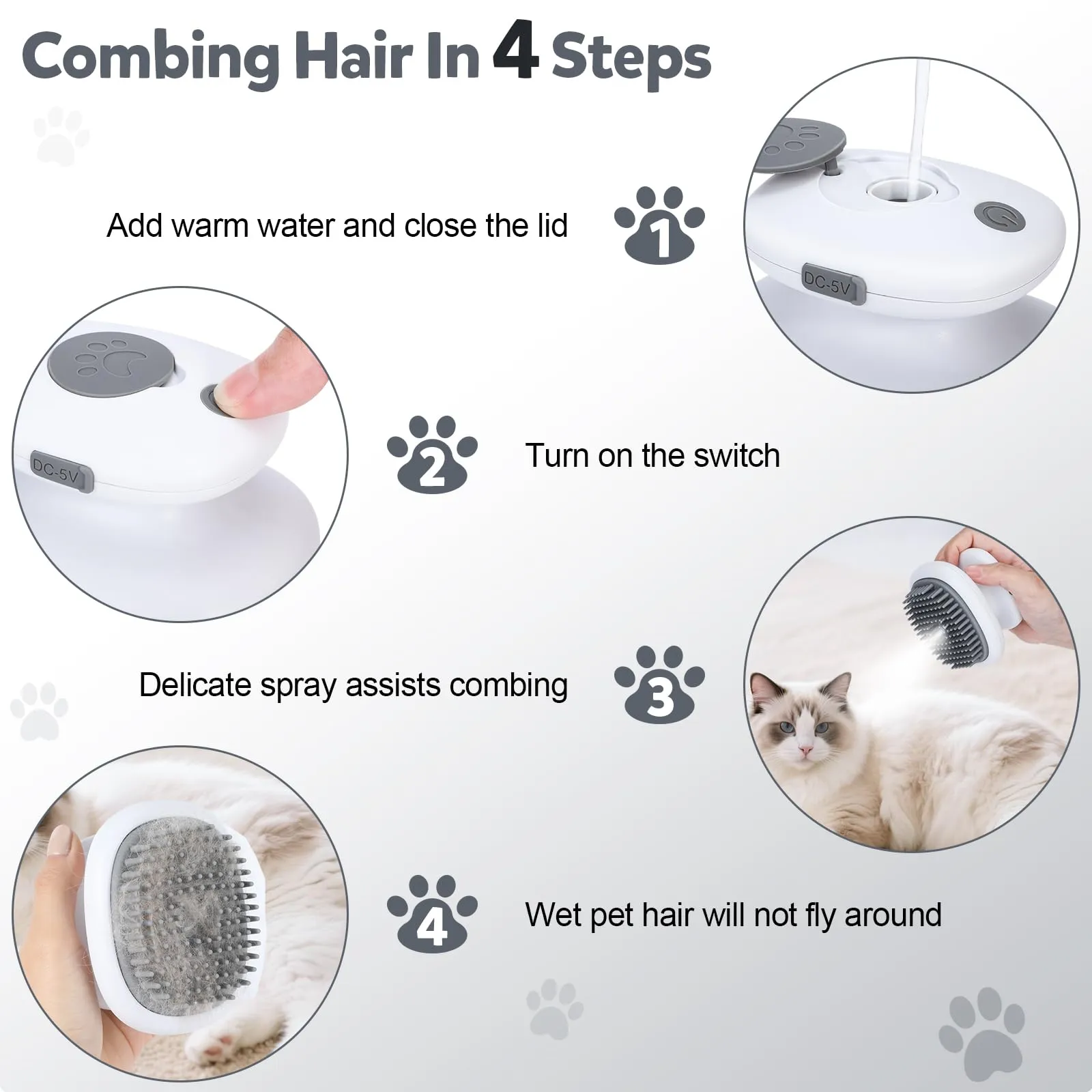 Euqvunn Spazzola a Vapore 3 in 1 per Gatti, Cani e Conigli, Silicone Ricaricabile (Grigio) - immagine 7