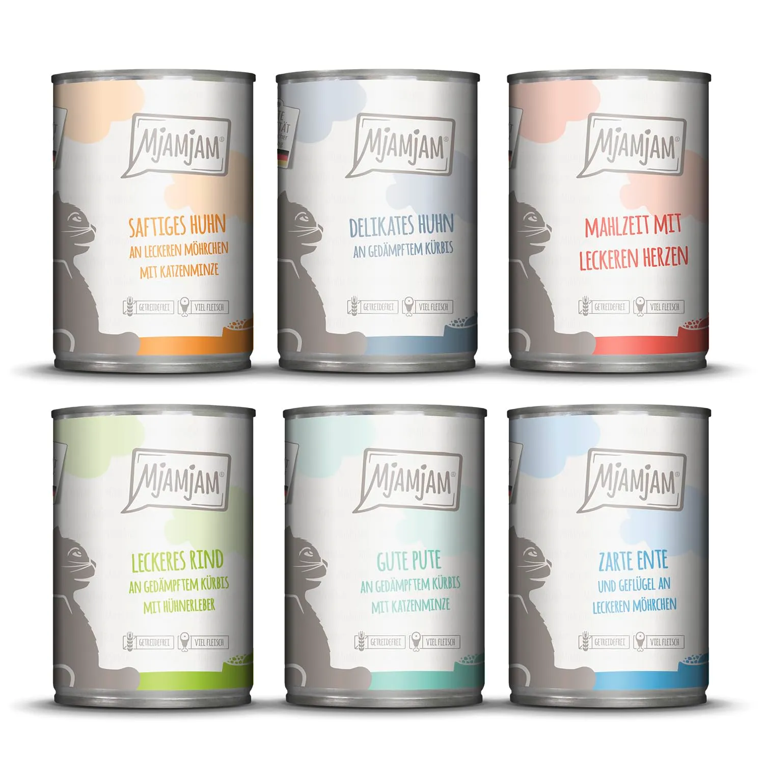 MjAMjAM Cibo Umido Premium per Gatti, Confezione Mista III, Pollo e Zucca, Tacchino, Anatra e Pollame, Cuori, Pollo, Manzo, Senza Cereali, 6 x 400 g - immagine 1