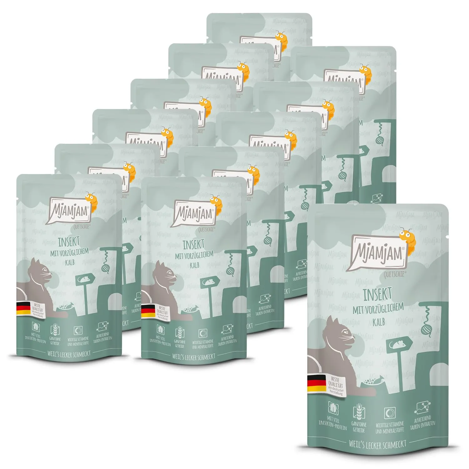 MjAMjAM Quetschie Cibo Umido per Gatti Insetto con Vitello, Senza Cereali, 12 x 125 g - immagine 1