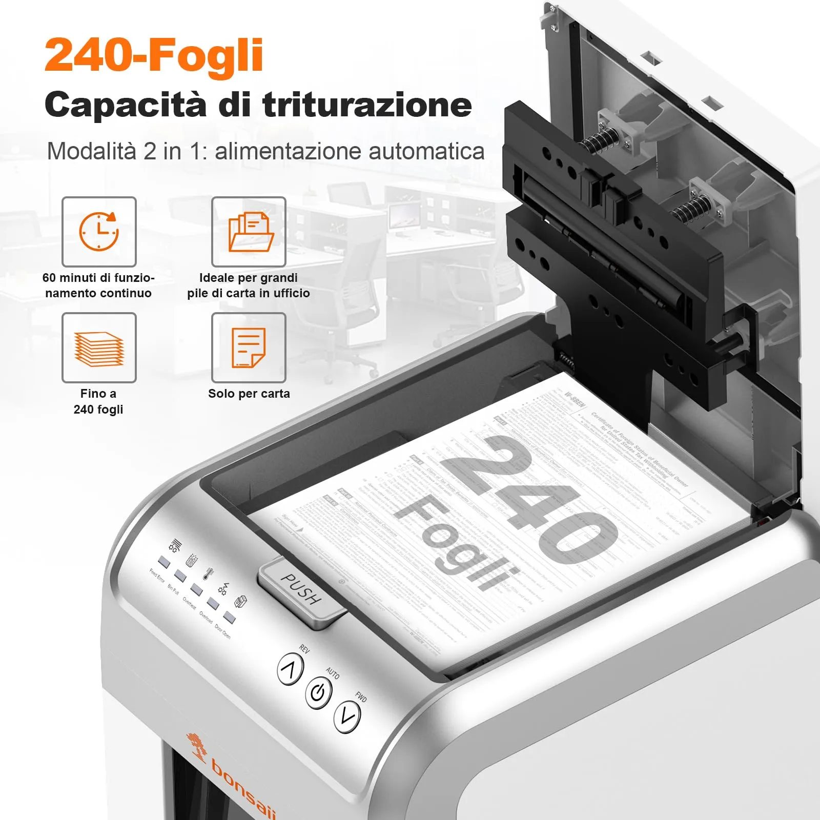 Bonsaii Distruggidocumenti Automatico 240 Fogli, Microtaglio P-4, Bianco - immagine 2