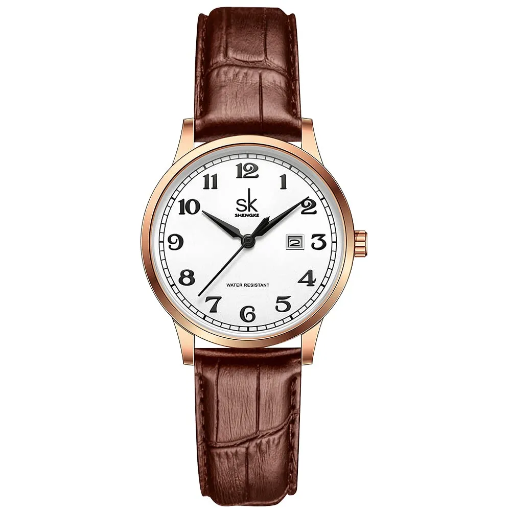 SHENGKE Classic Business Orologi da Donna con Calendario e Cinturino in Vera Pelle (Rosegold-Brown) - immagine 1