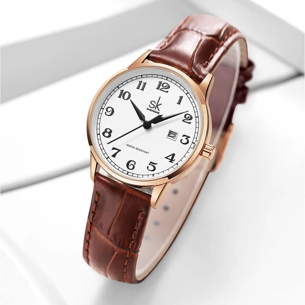 SHENGKE Classic Business Orologi da Donna con Calendario e Cinturino in Vera Pelle (Rosegold-Brown) - immagine 2