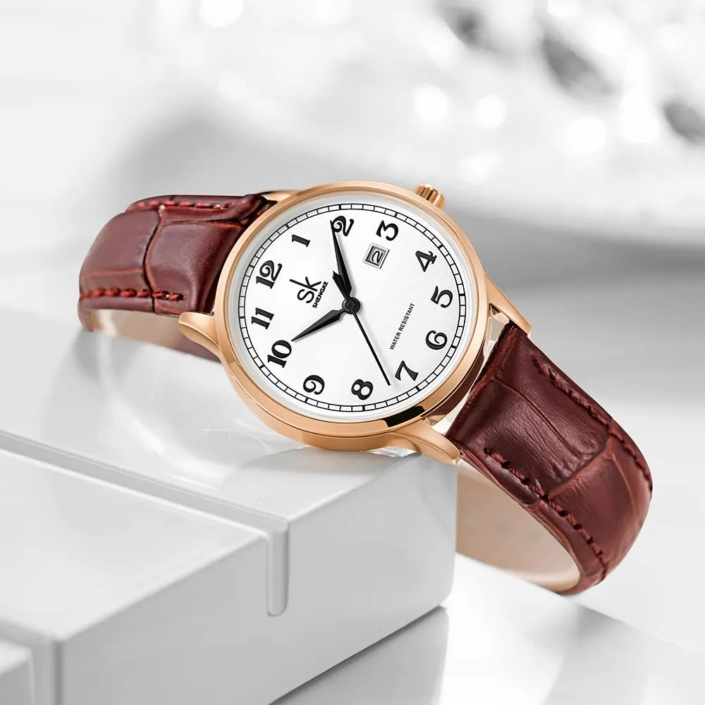 SHENGKE Classic Business Orologi da Donna con Calendario e Cinturino in Vera Pelle (Rosegold-Brown) - immagine 3