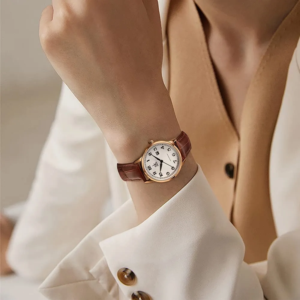 SHENGKE Classic Business Orologi da Donna con Calendario e Cinturino in Vera Pelle (Rosegold-Brown) - immagine 5