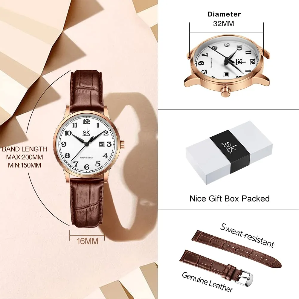 SHENGKE Classic Business Orologi da Donna con Calendario e Cinturino in Vera Pelle (Rosegold-Brown) - immagine 6