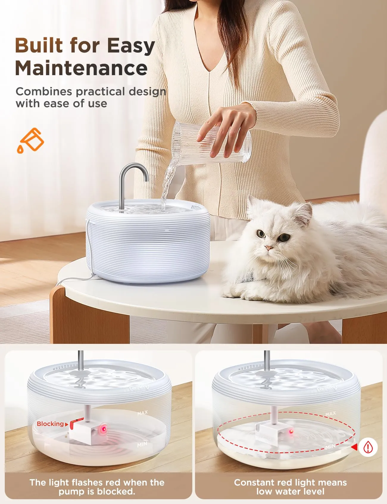 FeelNeedy Fontanella per Gatti Silenziosa 3,2L con Rubinetto, Bianco - immagine 5