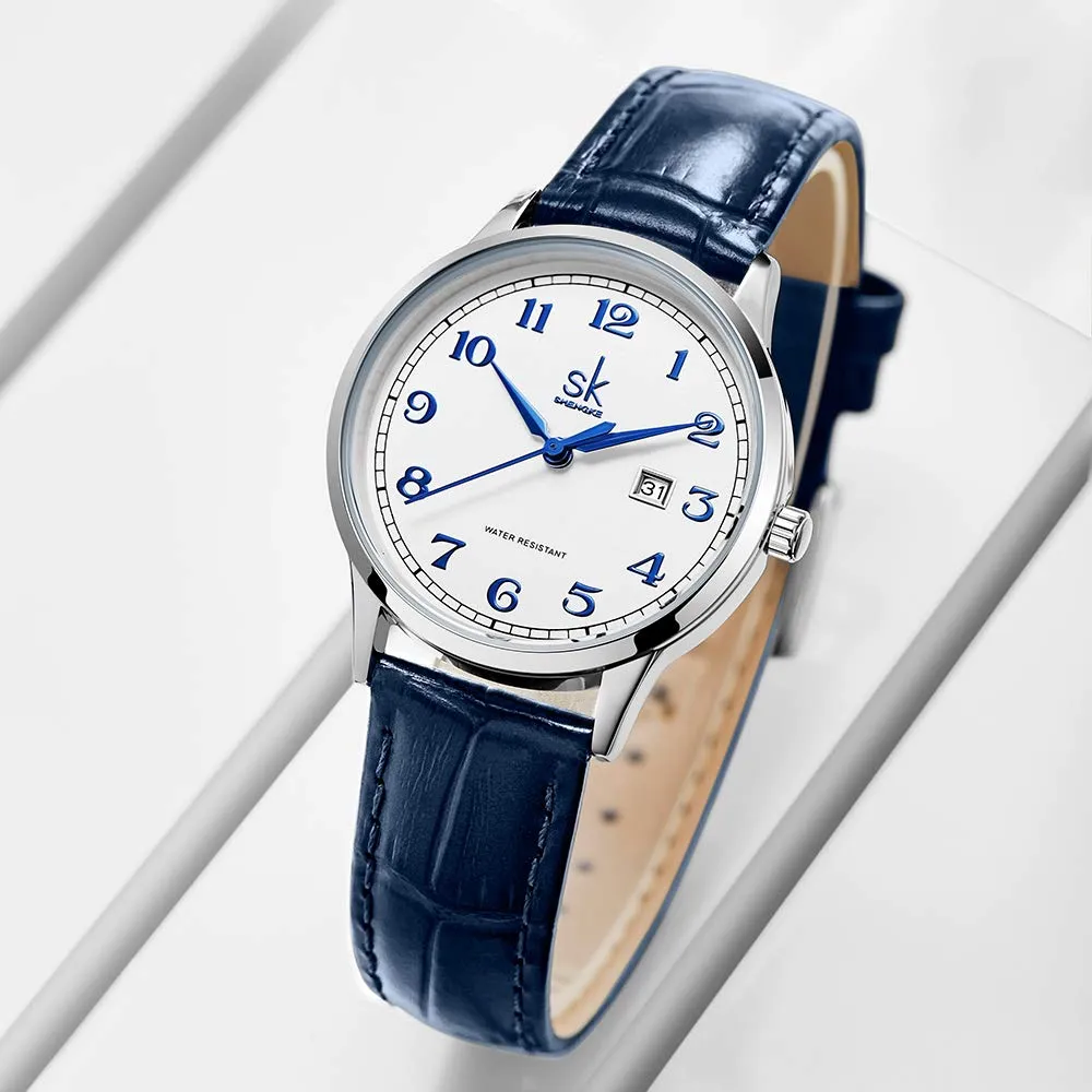 SHENGKE Orologio da donna Classic Business con calendario in pelle (Arabic Number-Blue Leather) - immagine 3
