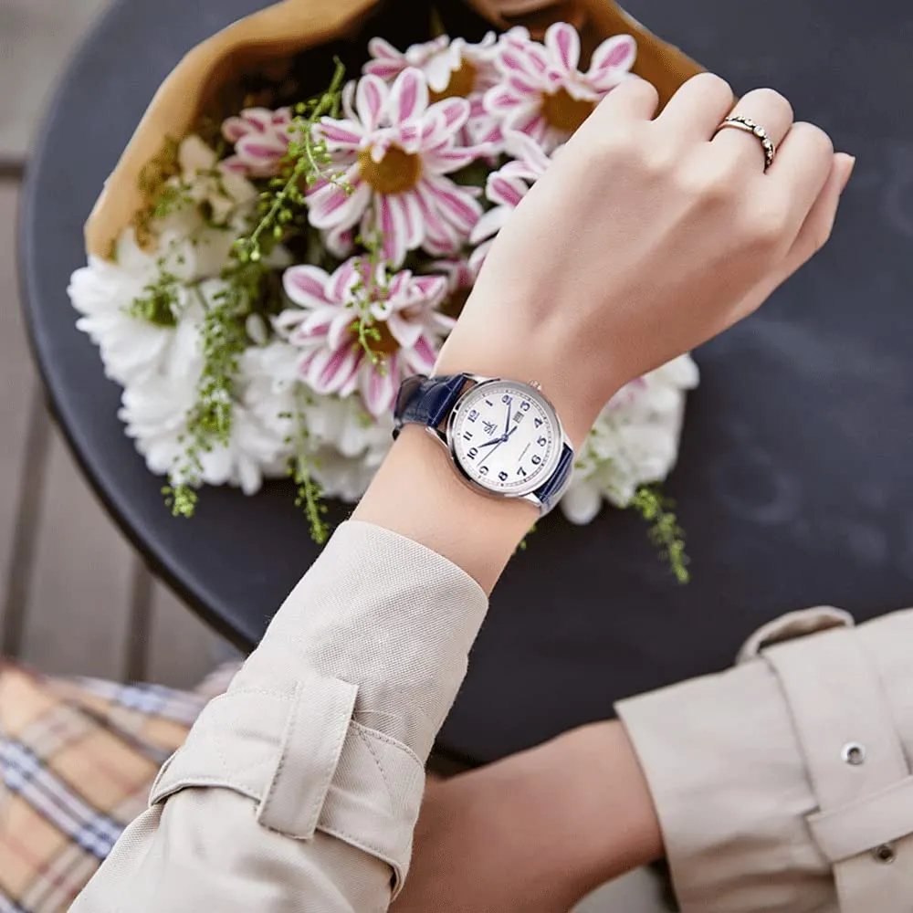 SHENGKE Orologio da donna Classic Business con calendario in pelle (Arabic Number-Blue Leather) - immagine 5