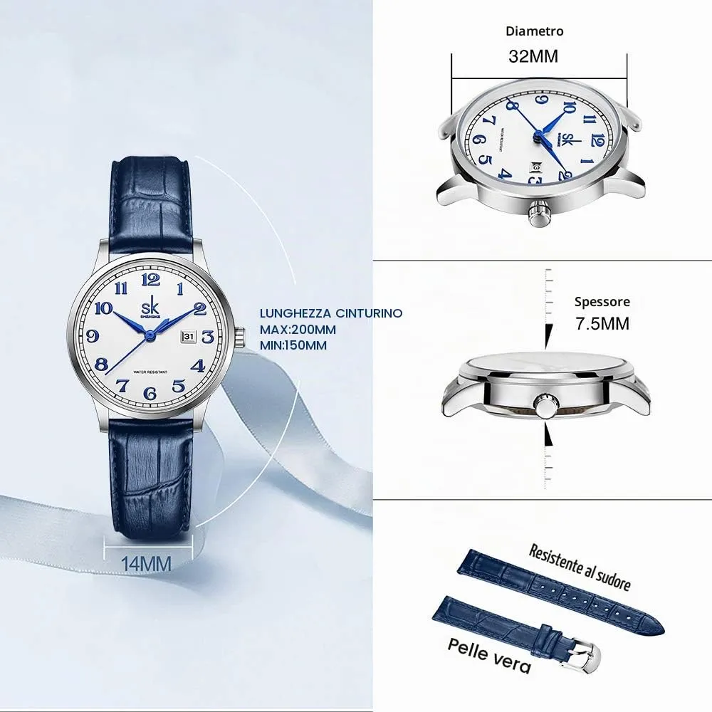 SHENGKE Orologio da donna Classic Business con calendario in pelle (Arabic Number-Blue Leather) - immagine 6