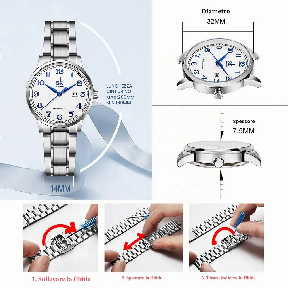 SHENGKE Classic Business Women's Watch with Calendar (Arabic Number, Silver Steel Band) - immagine 6
