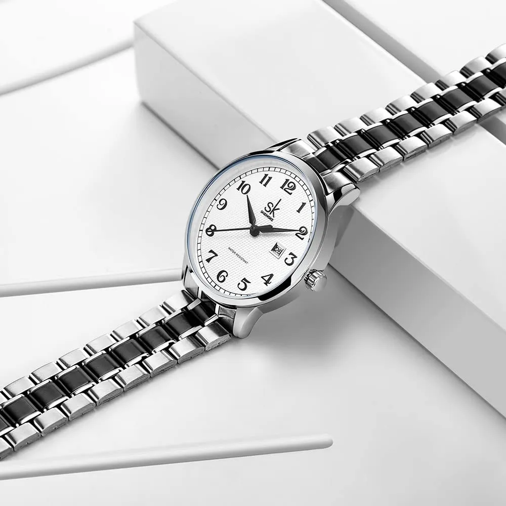 SHENGKE K0150L Orologi da donna Classic Business con calendario, acciaio inossidabile e pelle (Silver) - immagine 3
