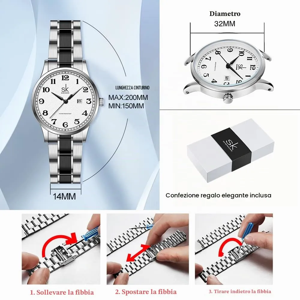 SHENGKE K0150L Orologi da donna Classic Business con calendario, acciaio inossidabile e pelle (Silver) - immagine 6