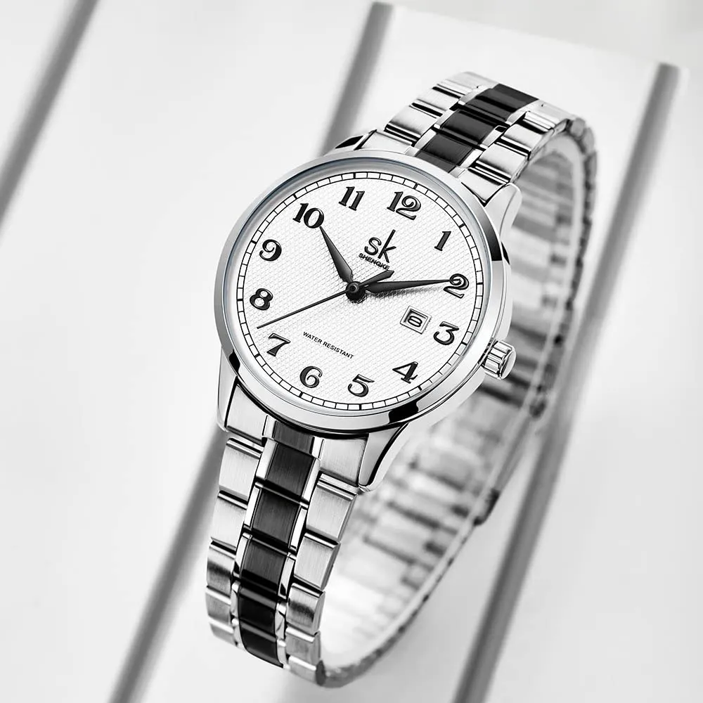 SHENGKE K0150L Orologi da donna Classic Business con calendario, acciaio inossidabile e pelle (Silver) - immagine 7