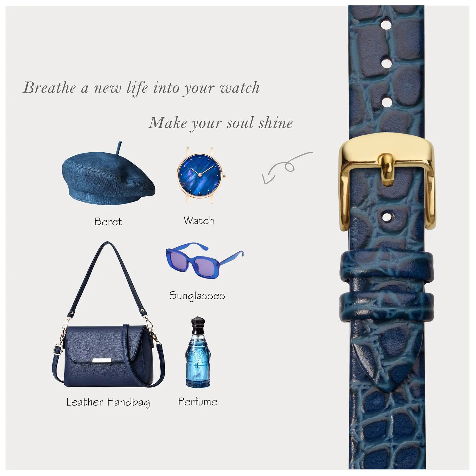 BISONSTRAP Cinturino di Ricambio in Pelle per Orologi Donna, 8mm, Blu con Fibbia in Oro - immagine 7