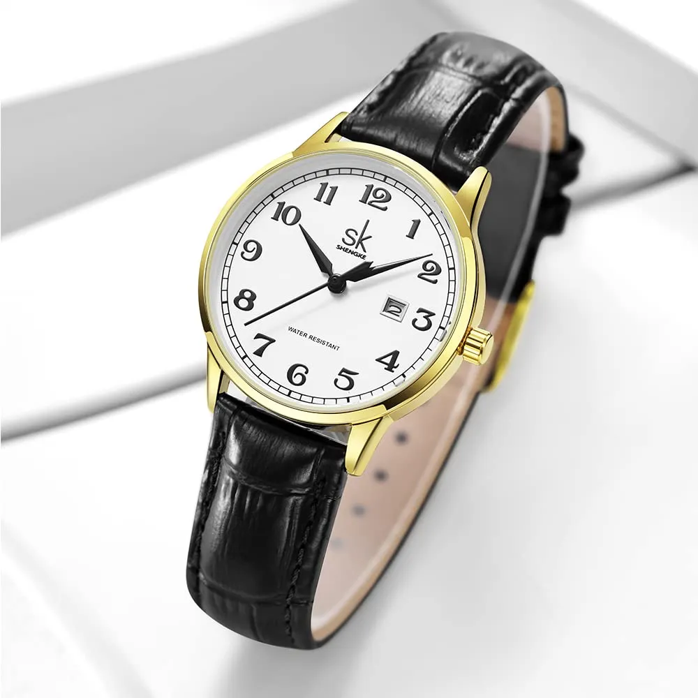 SHENGKE Orologio da donna Classic Business con calendario in acciaio inossidabile e vera pelle (Gold-Black) - immagine 2