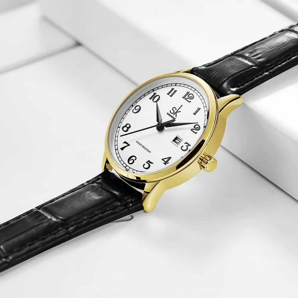 SHENGKE Orologio da donna Classic Business con calendario in acciaio inossidabile e vera pelle (Gold-Black) - immagine 4