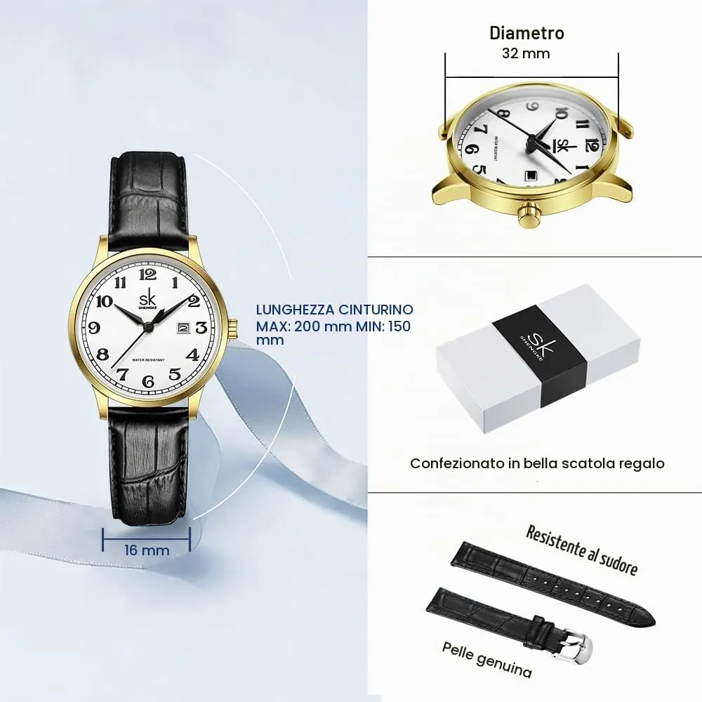 SHENGKE Orologio da donna Classic Business con calendario in acciaio inossidabile e vera pelle (Gold-Black) - immagine 6