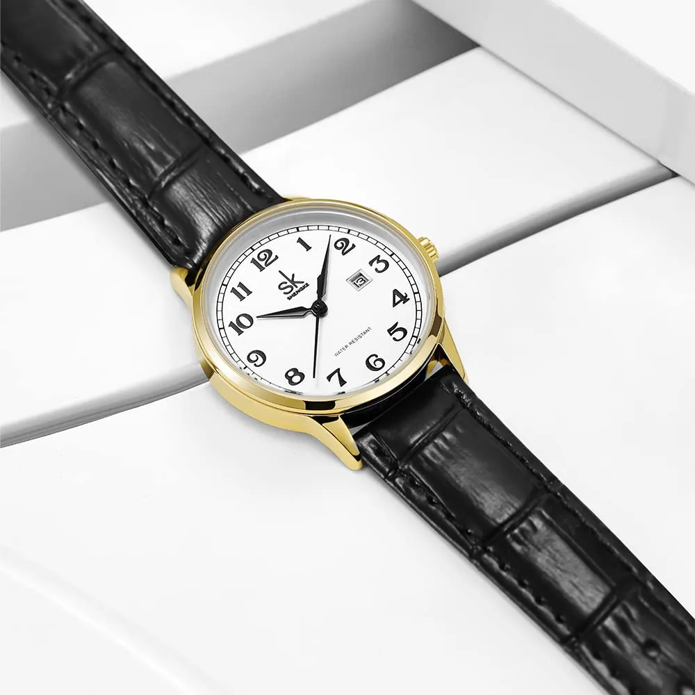 SHENGKE Orologio da donna Classic Business con calendario in acciaio inossidabile e vera pelle (Gold-Black) - immagine 7
