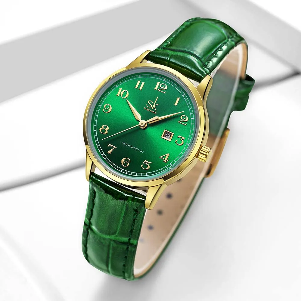 SHENGKE Orologi da donna Classic Business con calendario in vera pelle (Gold-Green) - immagine 2
