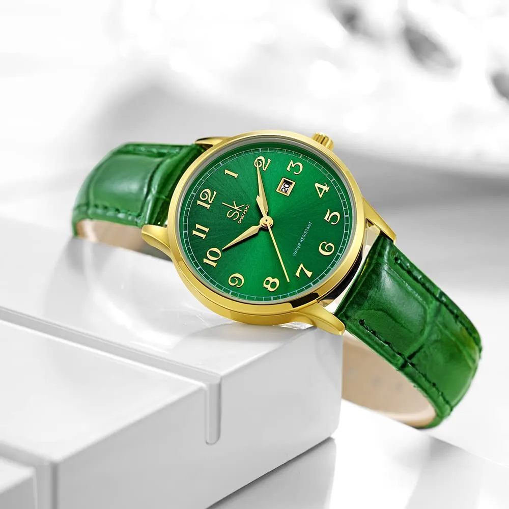 SHENGKE Orologi da donna Classic Business con calendario in vera pelle (Gold-Green) - immagine 4