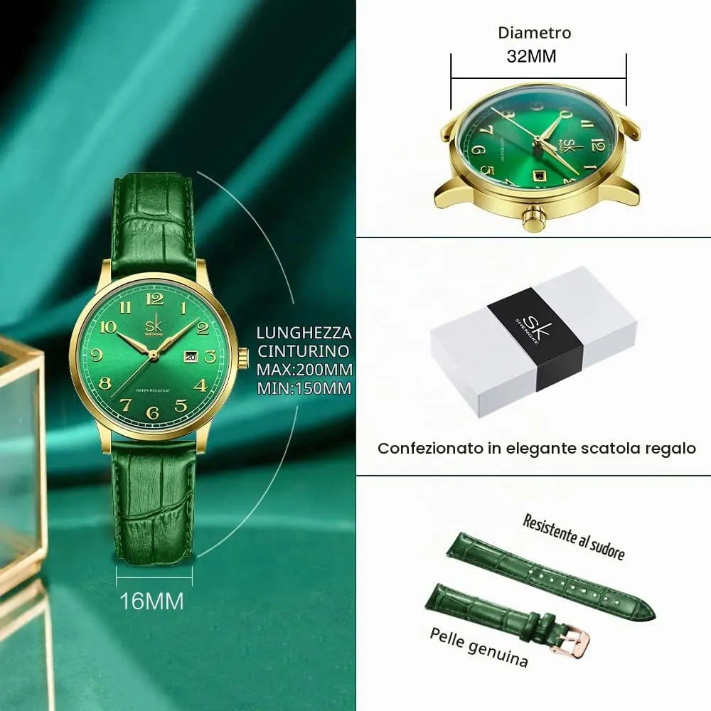 SHENGKE Orologi da donna Classic Business con calendario in vera pelle (Gold-Green) - immagine 5