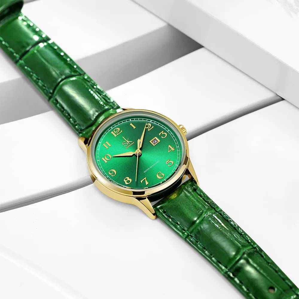 SHENGKE Orologi da donna Classic Business con calendario in vera pelle (Gold-Green) - immagine 7