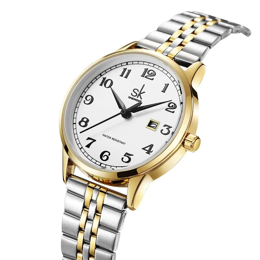 SHENGKE Classic Business Women's Watch with Calendar, Stainless Steel and Genuine Leather Strap (Silver-Gold) - immagine 2