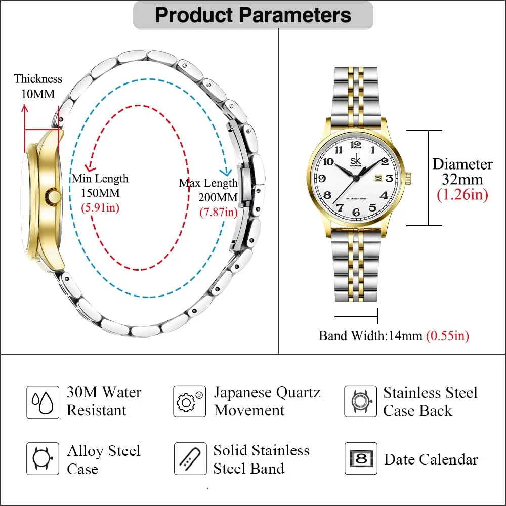 SHENGKE Classic Business Women's Watch with Calendar, Stainless Steel and Genuine Leather Strap (Silver-Gold) - immagine 6