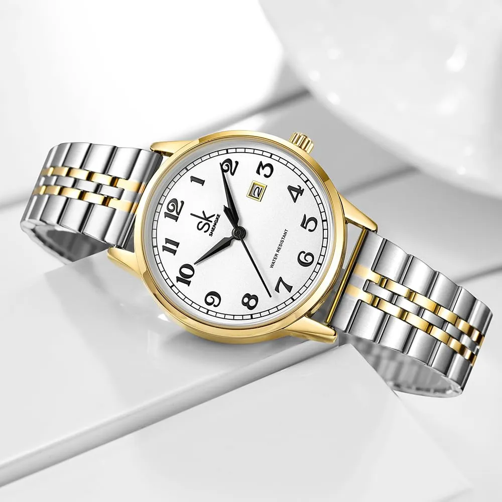 SHENGKE Classic Business Women's Watch with Calendar, Stainless Steel and Genuine Leather Strap (Silver-Gold) - immagine 7