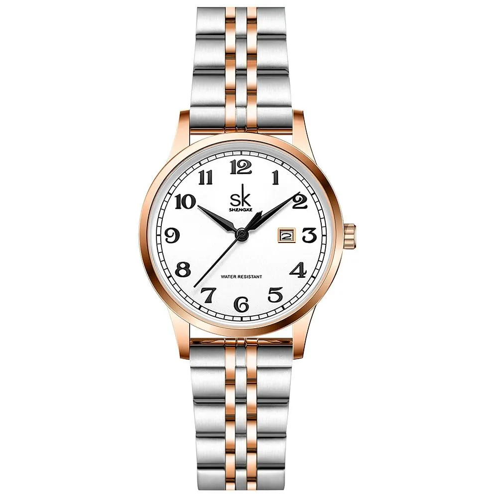 SHENGKE SK Orologio da donna Classic Business con calendario, cinturino in acciaio inossidabile e pelle (Silver-Rosegold) - immagine 1