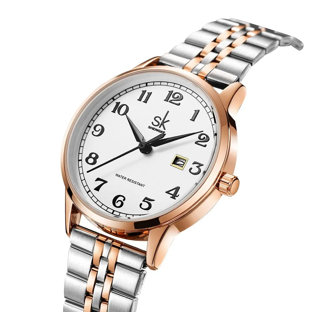 SHENGKE SK Orologio da donna Classic Business con calendario, cinturino in acciaio inossidabile e pelle (Silver-Rosegold) - immagine 2