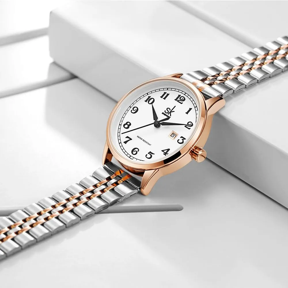 SHENGKE SK Orologio da donna Classic Business con calendario, cinturino in acciaio inossidabile e pelle (Silver-Rosegold) - immagine 4
