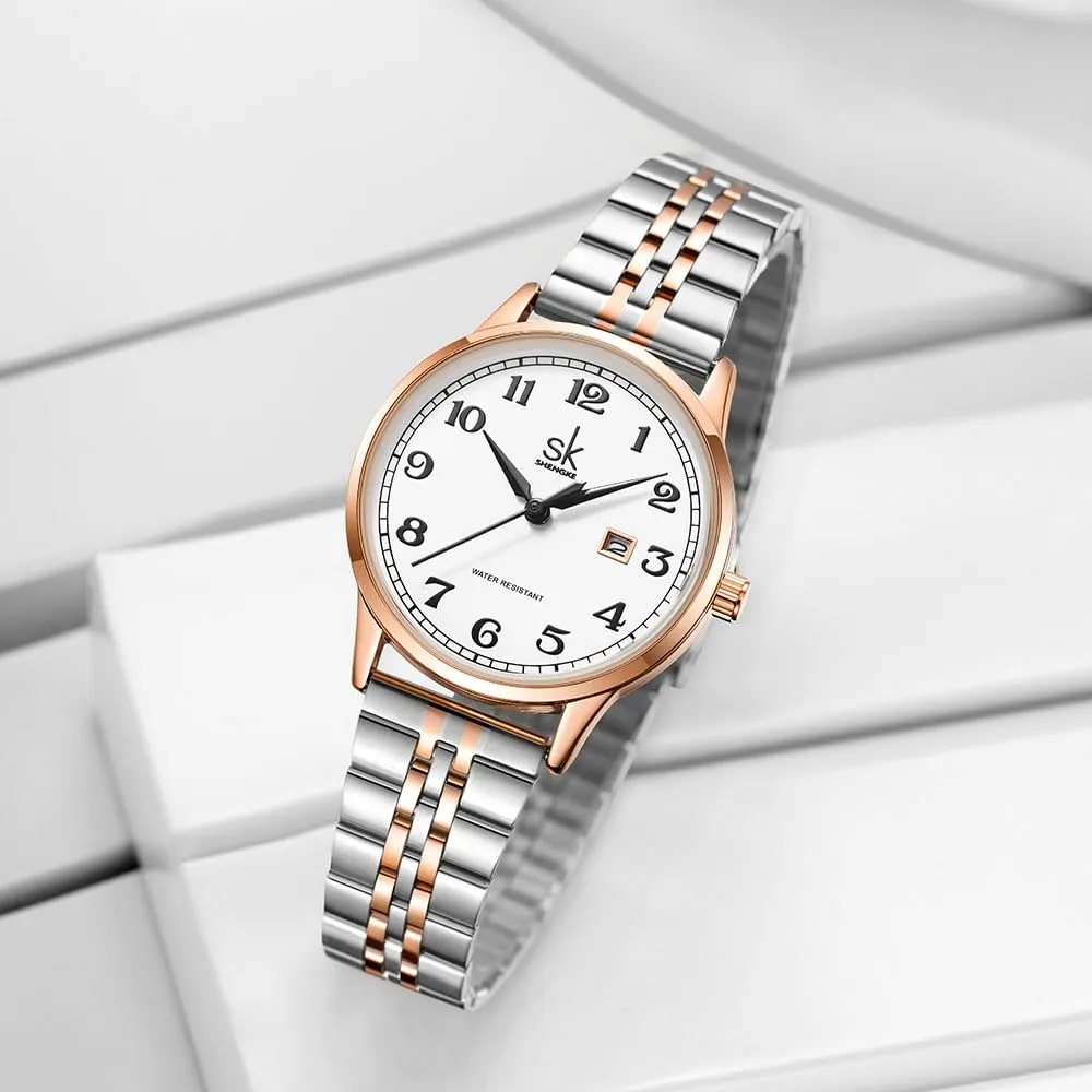 SHENGKE SK Orologio da donna Classic Business con calendario, cinturino in acciaio inossidabile e pelle (Silver-Rosegold) - immagine 5