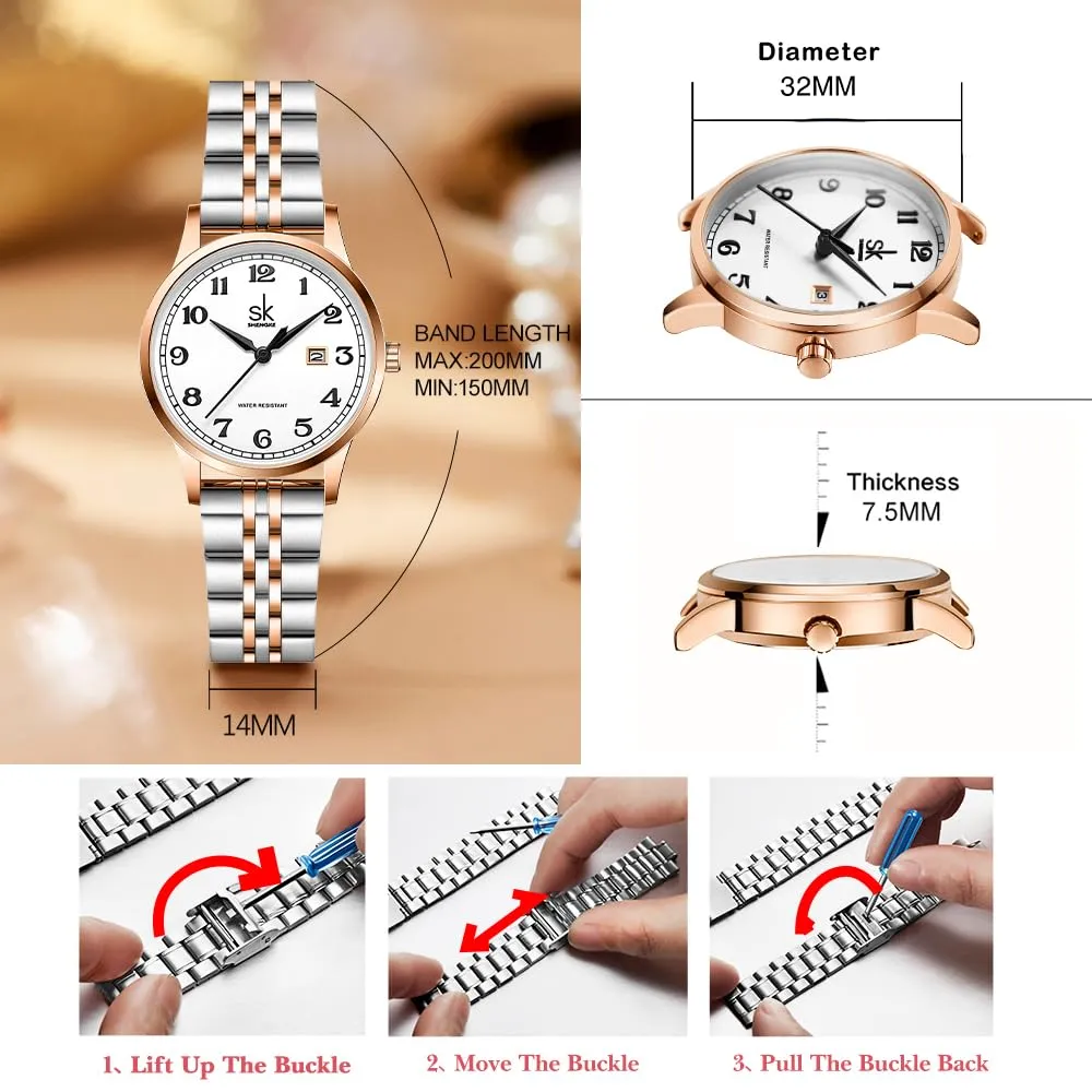 SHENGKE SK Orologio da donna Classic Business con calendario, cinturino in acciaio inossidabile e pelle (Silver-Rosegold) - immagine 6