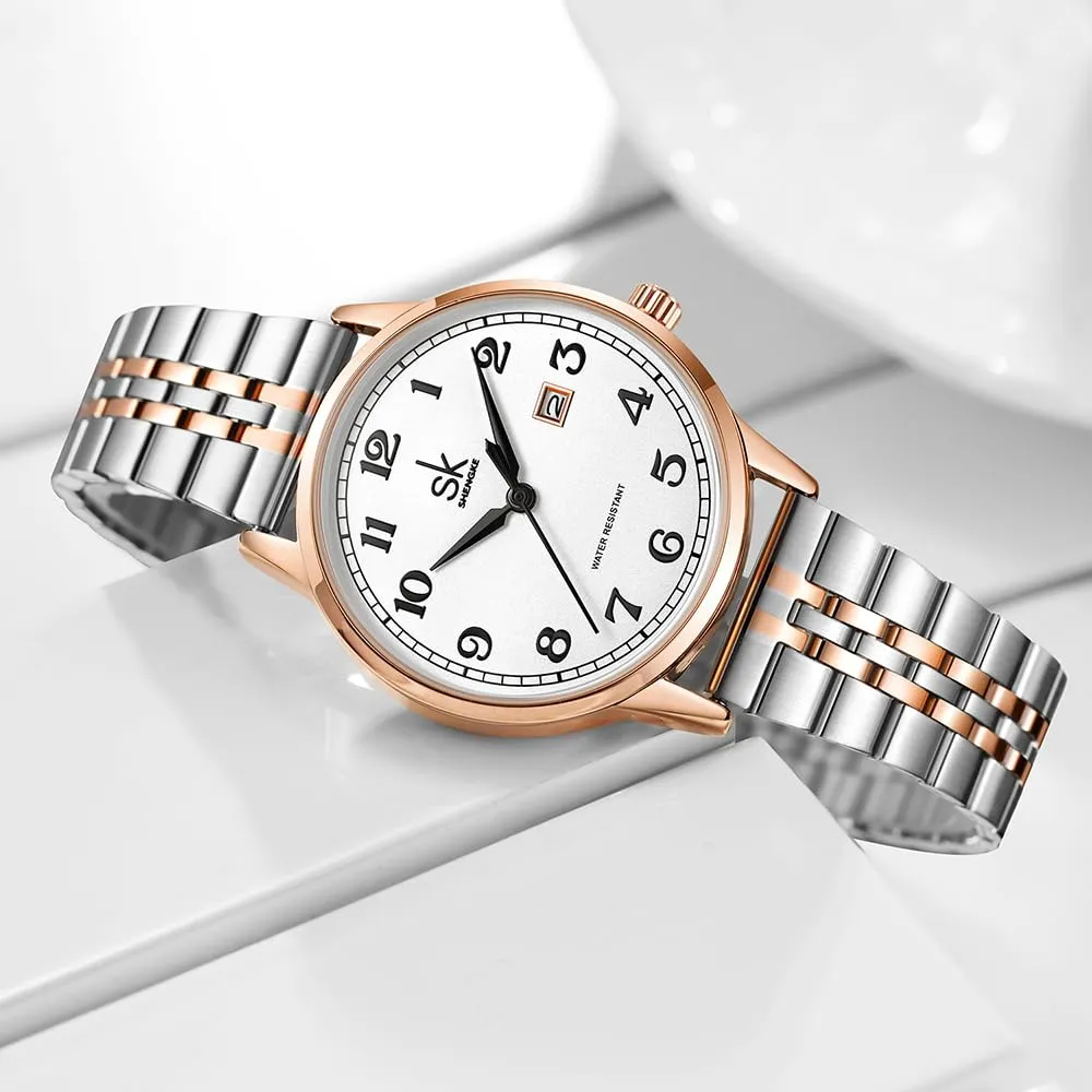 SHENGKE SK Orologio da donna Classic Business con calendario, cinturino in acciaio inossidabile e pelle (Silver-Rosegold) - immagine 7