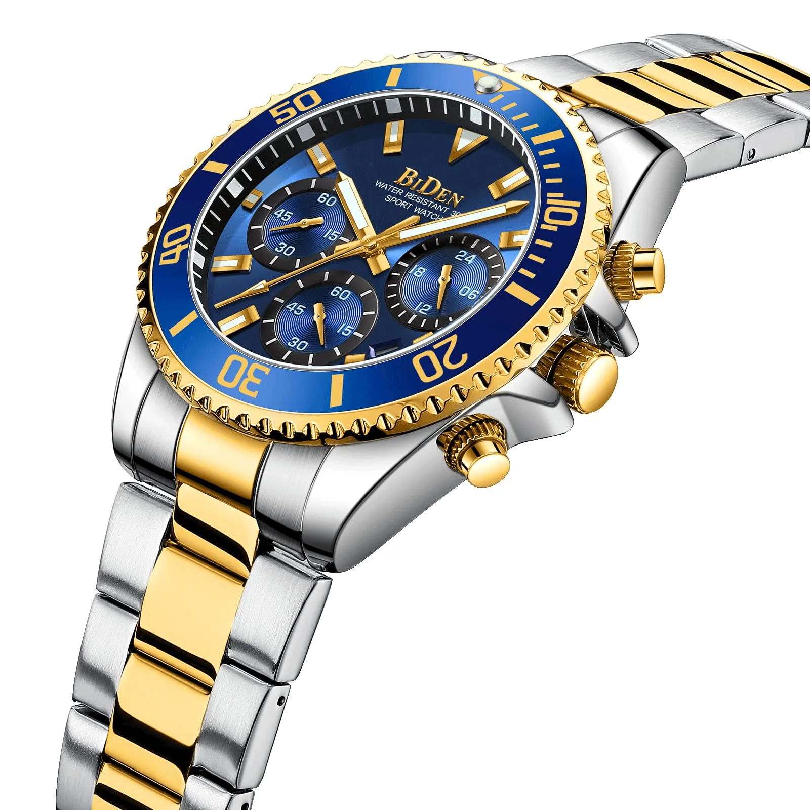 BIDEN Orologio Uomo Militare in Acciaio Cronografo Impermeabile Analogico con Data Blu Dorato - immagine 2