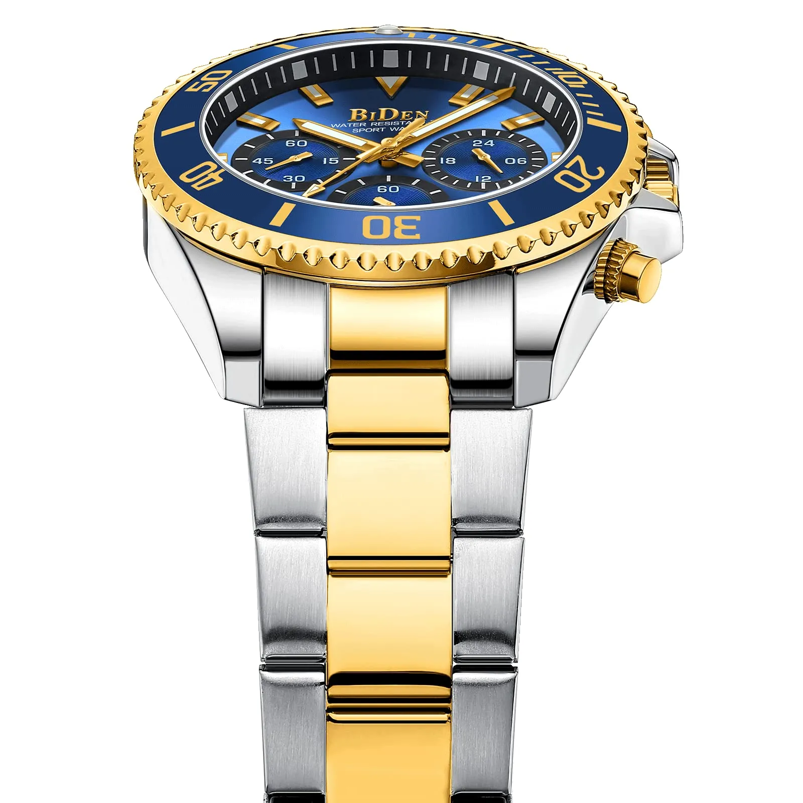 BIDEN Orologio Uomo Militare in Acciaio Cronografo Impermeabile Analogico con Data Blu Dorato - immagine 3