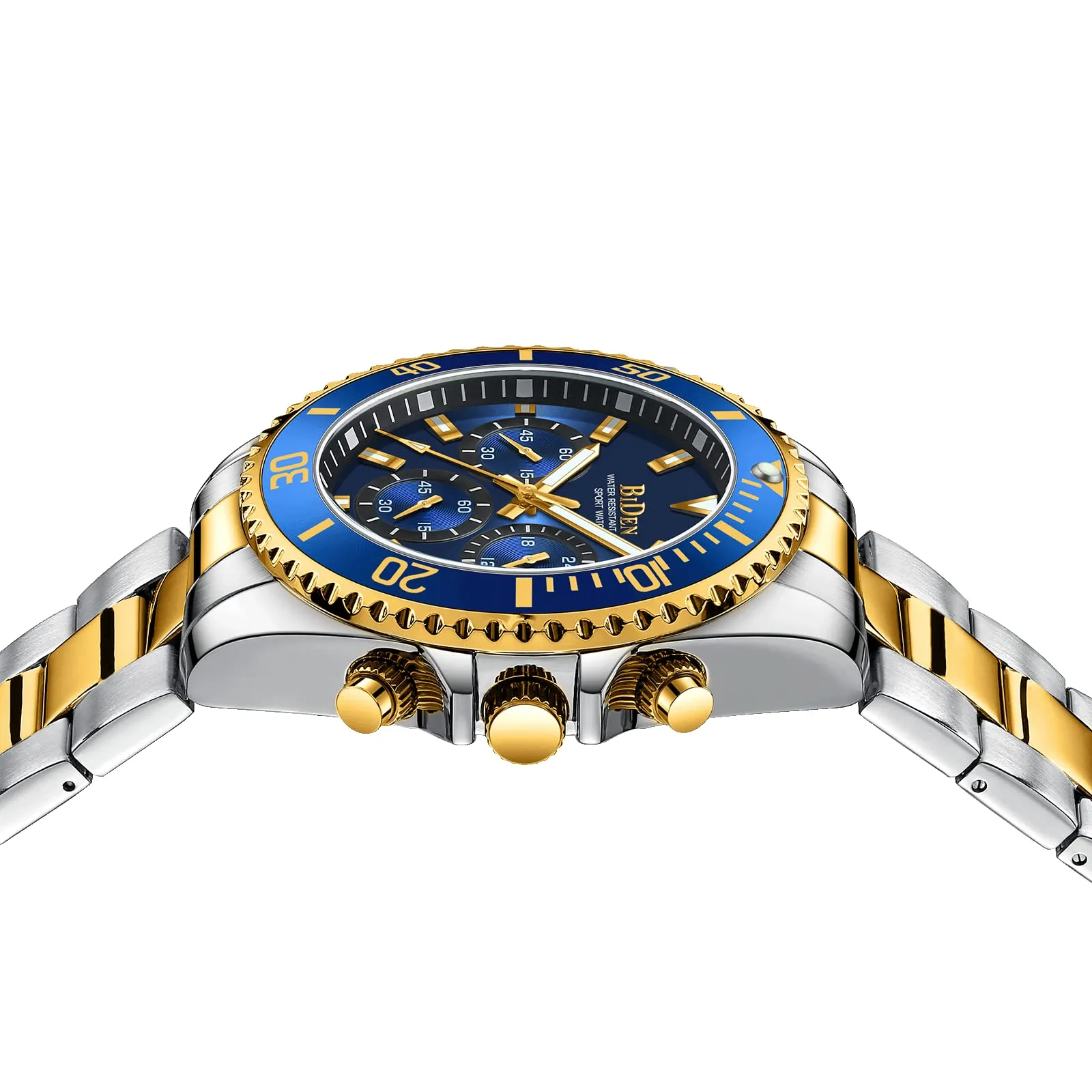 BIDEN Orologio Uomo Militare in Acciaio Cronografo Impermeabile Analogico con Data Blu Dorato - immagine 4
