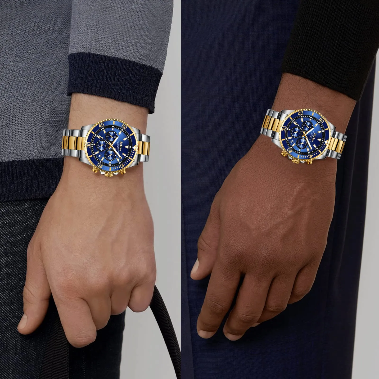BIDEN Orologio Uomo Militare in Acciaio Cronografo Impermeabile Analogico con Data Blu Dorato - immagine 5